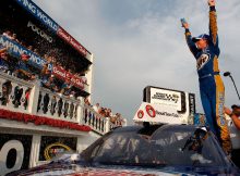 Brad Keselowski, driver of the No. 2 Miller Lite Dodge, celebrates in Victory Lane after winning the NASCAR Sprint Cup Series Good Sam RV Insurance 500 at Pocono Raceway on Aug. 7 in Long Pond, Pa. Credit: Geoff Burke/Getty Images for NASCAR